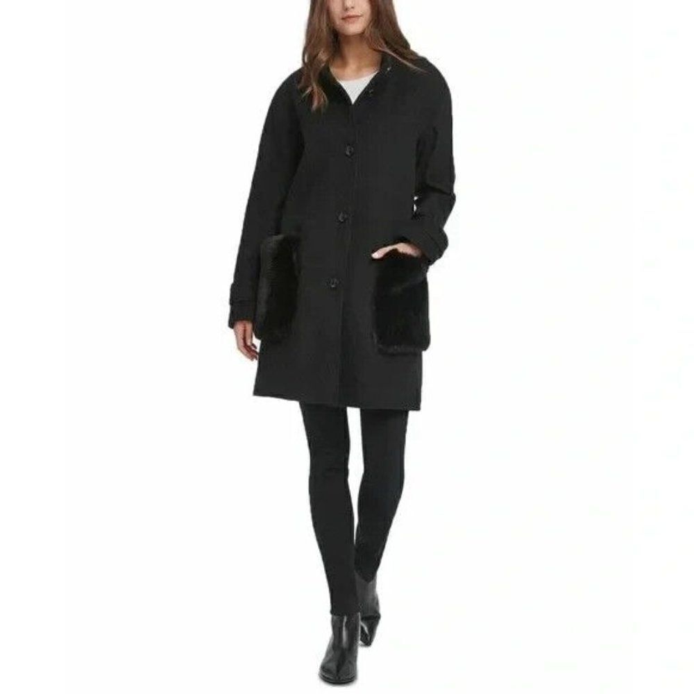 DKNY Women's Faux-Fur-Pocket Walker Coat Black Wool Blend Extra Small NWT